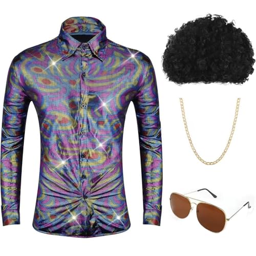 Faonkeew Karneval Kostüm Shlagermove Kleidung Herren Hemd und Schlaghose 60er 70er Jahre Retro Outfit Männer mit Perücke Sonnenbrille Schnurrbart Disco Zubehör von Faonkeew