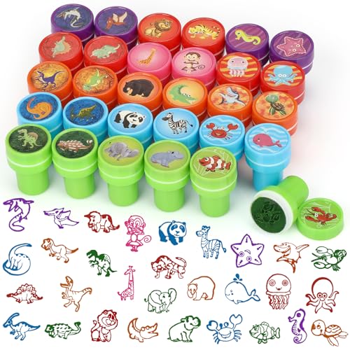 Farnirvana 30 Stück Stempel Kinder, Selbstfärbende Stempelset, Stempel Set mit Tiere Dinosaur Ozean Muster, Kinder Stempelset für Geburtstag Partygeschenk Klassenzimmer von Farnirvana