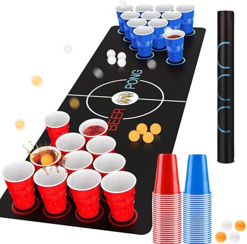 Bierpong Becher Set, Trinkspiel Tisch Matte Set, Beerpong Partybecher Enthält 32 Becher (500ML) +8 Tischtennisbälle+Tischmatte, Wiederverwendbare, Für Party Trinkspiele Camping Geburtstag Hochzeit von Farnirvana