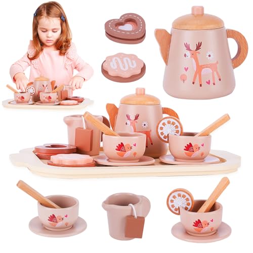 Farnirvana Teeservice Kinder Holz, Küchenzubehör Kinder Holz, Tee Set Holzspielzeug, Küchenspielzeug Rollenspiele Geschenk Mädchen Jungen, Teeparty-Set, Geschenk für Jungen Mädchen ab 3 Jahre (Rosa) von Farnirvana