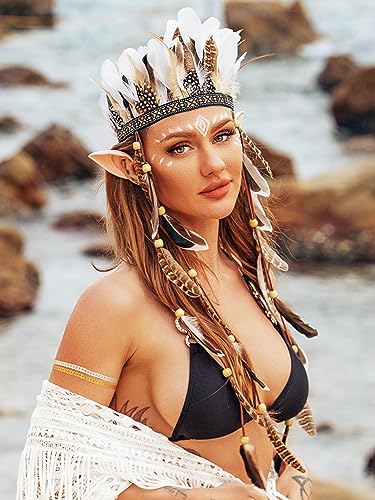 Fashband Indische Feder Krone Stirnband Boho Quaste Kronen Kopfschmuck Tribal Festival Party Headwear Haarschmuck für Frauen (Weiß) von Fashband