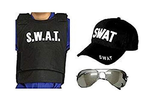 Fashion Oasis Jungen Herren 3 pc SWAT Weste Brille & Baseballkappe Set Polizei Kostüm von Fashion Oasis