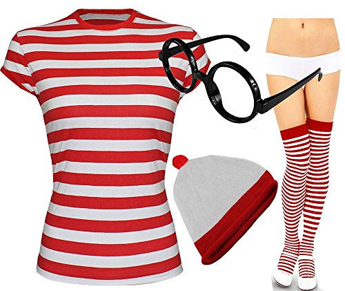 Nerd/Geek-Kostüm, unisex, Rot & Weiß Gestreift, mehrteiliges Set(Damen S/M, T-Shirt + Mütze + Brille + Socken) von Fashion Oasis