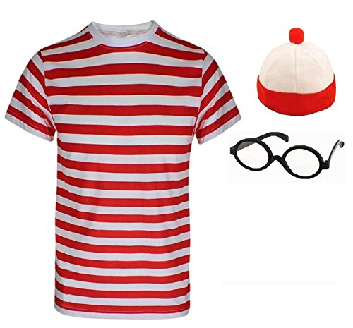 Ladies Mens Wheres Nerd Geek Red & White Stripe Fancy Dress Fresher Costume Book Day 3 & 4 piece set (Mens 2XL, Mens T-Shirt+Hat+Glasses) von Fashion Oasis