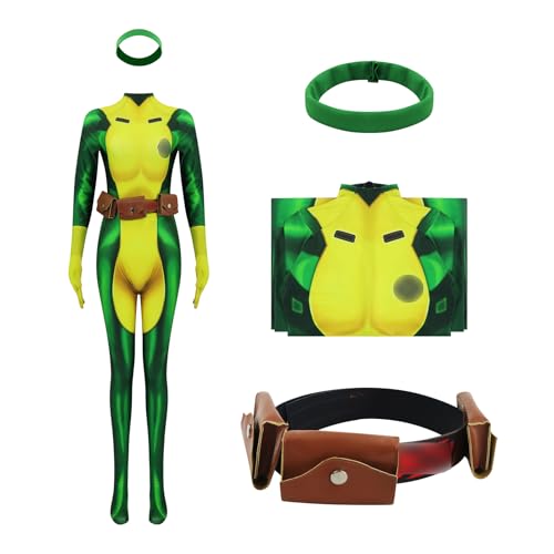 Fashionjoy Rogue Kostüm für Damen, Superheld, Rogue Cosplay, grüner Bodysuit, Zentai, Overall mit Stirnband, Gürtel, Halloween-Outfits, 3XL, Typ 1 von Fashionjoy