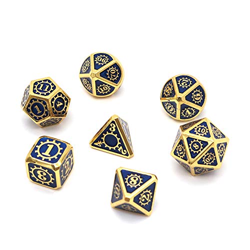 Fasizi Polyedrisches Würfel-Set aus Metall mit schwarzer Aufbewahrungstasche für Rollenspiele, Dungeons and Dragons, D&D, Mathematikunterricht (Gear Gold und Blau), 7-teilig von Fasizi