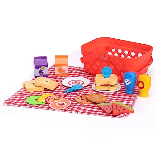 Fat Brain Toys Pretendables Picknickkorb-Set - Picknickkorb & Decke mit Holzspielzeug Lebensmittel & Zubehör - pädagogische Spielküche - langlebiges Spielzeug Lebensmittel-Set für +3 Jahre alt von Fat Brain Toys