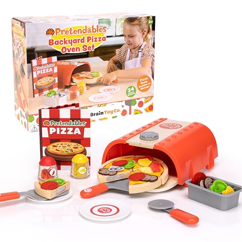 Fat Brain Toys Pretendables Pizza-Ofen-Set - Spielküche mit Ofen, Schale, Pizzaschnitten, Belag und anderem Kinder-Küchen- Lebensmittel-Lernspielzeug - Kinderspielzeug für 3-Jährige von Fat Brain Toys