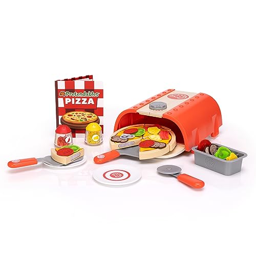 Fat Brain Toys Pretendables Pizza-Ofen-Set - Spielküche mit Ofen, Schale, Pizzaschnitten, Belag und anderem Kinder-Küchen- Lebensmittel-Lernspielzeug - Kinderspielzeug für 3-Jährige von Fat Brain Toys