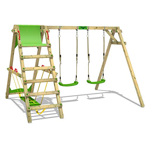 FATMOOSE Kinderschaukel Schaukelgestell JollyJade apfelgrün - Schaukel & SurfSwing, Schaukelgerüst, Doppelschaukel, Holzschaukel mit Kletteranbau für Kinder im Garten von Fatmoose