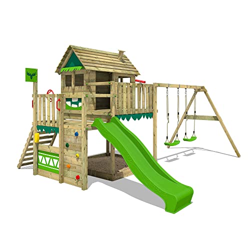 FATMOOSE Spielturm Klettergerüst MightyMansion Move XXL mit Schaukel & apfelgrüner Rutsche, Outdoor Kinder Kletterturm mit Sandkasten Leiter & Spiel-Zubehör für den Garten von Fatmoose