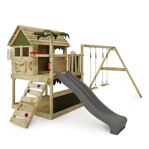 FATMOOSE Spielturm Klettergerüst TikaTaka Town XXL mit Schaukel & anthraziter Rutsche, Outdoor Kinder Kletterturm mit Sandkasten Leiter & Spiel-Zubehör für den Garten von Fatmoose