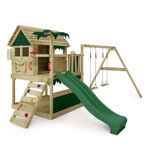 FATMOOSE Spielturm Klettergerüst TikaTaka Town XXL mit Schaukel & grüner Rutsche, Outdoor Kinder Kletterturm mit Sandkasten Leiter & Spiel-Zubehör für den Garten von Fatmoose