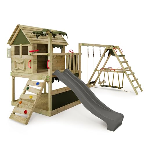 FATMOOSE Spielturm Klettergerüst TikaTaka Town XXL mit SurfSwing, Schaukel & anthraziter Rutsche, Outdoor Kinder Kletterturm mit Sandkasten Leiter & Spiel-Zubehör für den Garten von Fatmoose