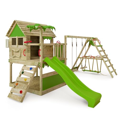 FATMOOSE Spielturm Klettergerüst TikaTaka Town XXL mit SurfSwing, Schaukel & apfelgrüner Rutsche, Outdoor Kinder Kletterturm mit Sandkasten Leiter & Spiel-Zubehör für den Garten von Fatmoose