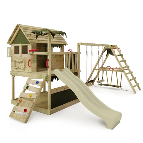 FATMOOSE Spielturm Klettergerüst TikaTaka Town XXL mit SurfSwing, Schaukel & salbeigrüner Rutsche, Outdoor Kinder Kletterturm mit Sandkasten Leiter & Spiel-Zubehör für den Garten von Fatmoose