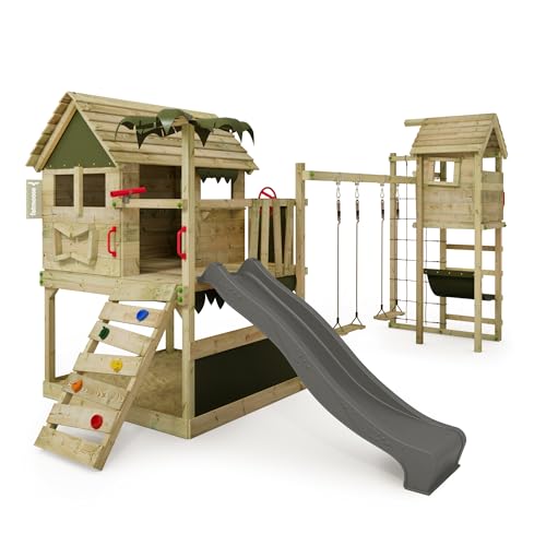 FATMOOSE Spielturm Klettergerüst TikaTaka Town XXL mit Turmanbau, Schaukel & anthraziter Rutsche, Outdoor Kinder Kletterturm mit Sandkasten Leiter & Spiel-Zubehör für den Garten von Fatmoose