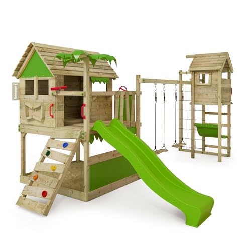 FATMOOSE Spielturm Klettergerüst TikaTaka Town XXL mit Turmanbau, Schaukel & apfelgrüner Rutsche, Outdoor Kinder Kletterturm mit Sandkasten Leiter & Spiel-Zubehör für den Garten von Fatmoose