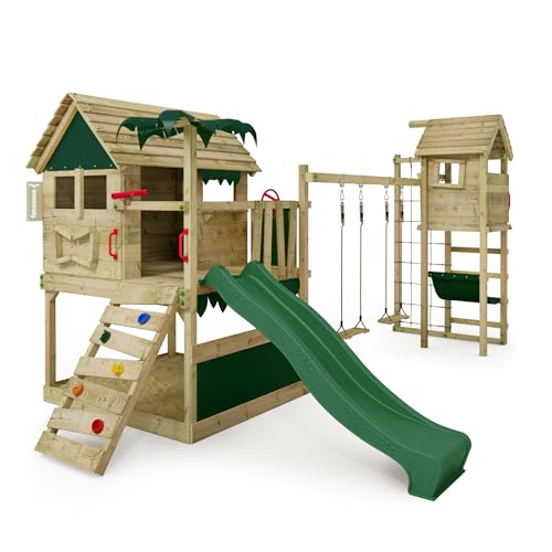 FATMOOSE Spielturm Klettergerüst TikaTaka Town XXL mit Turmanbau, Schaukel & grüner Rutsche, Outdoor Kinder Kletterturm mit Sandkasten Leiter & Spiel-Zubehör für den Garten von Fatmoose