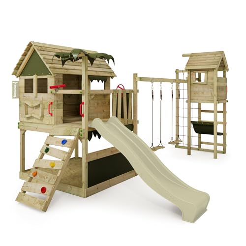 FATMOOSE Spielturm Klettergerüst TikaTaka Town XXL mit Turmanbau, Schaukel & salbeigrüner Rutsche, Outdoor Kinder Kletterturm mit Sandkasten Leiter & Spiel-Zubehör für den Garten von Fatmoose