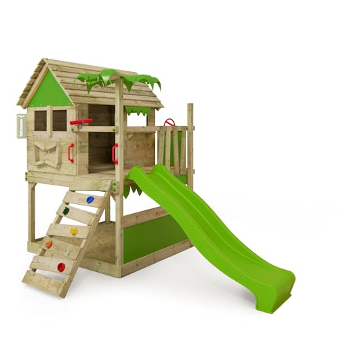 FATMOOSE Spielturm Klettergerüst TikaTaka Town XXL mit apfelgrüner Rutsche, Outdoor Kinder Kletterturm mit Sandkasten Leiter & Spiel-Zubehör für den Garten von Fatmoose