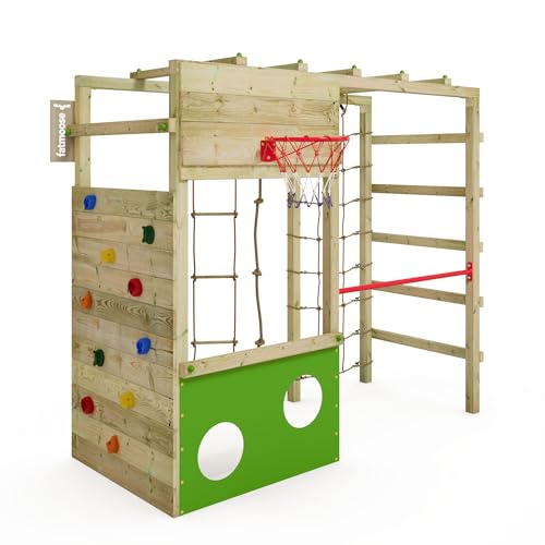 Fatmoose Klettergerüst Spielturm CleverClimber Club XXL, Outdoor Kinder Kletterturm mit Reckstange, Kletternetz, Basketballkorb, Kletterseil & Kletterwand für den Garten von Fatmoose