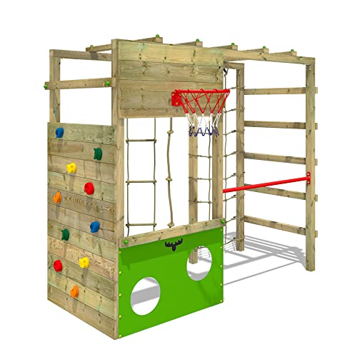 Fatmoose Klettergerüst Spielturm CleverClimber Club XXL, Outdoor Kinder Kletterturm mit Reckstange, Kletternetz, Basketballkorb, Kletterseil & Kletterwand für den Garten von Fatmoose