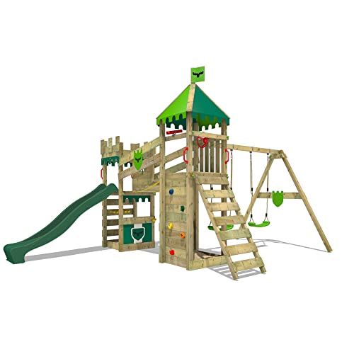 Fatmoose Spielturm Ritterburg RiverRun Royal mit Schaukel & grüner Rutsche, Outdoor Kinder Kletterturm mit Sandkasten Leiter & Spiel-Zubehör für den Garten von Fatmoose