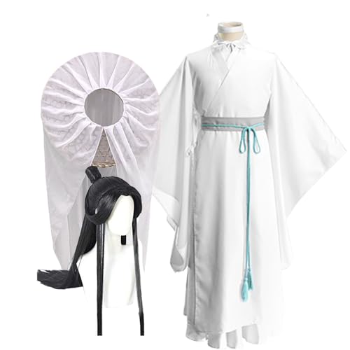 Xie lian Cosplay Kostüm Set Anime Tian Guan Ci Fu weiß Hanfu Kleid Anzug mit Bambushut und Perücken Halloween Karneval von Fayeeda