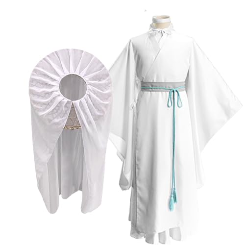 Xie lian Cosplay Kostüm Set Anime Tian Guan Ci Fu weiß Hanfu Kleid Anzug mit Bambushut und Perücken Halloween Karneval von Fayeeda