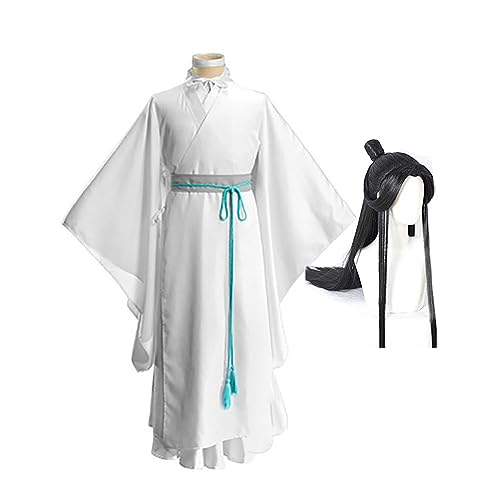 Xie lian Cosplay Kostüm Set Anime Tian Guan Ci Fu weiß Hanfu Kleid Anzug mit Bambushut und Perücken Halloween Karneval von Fayeeda