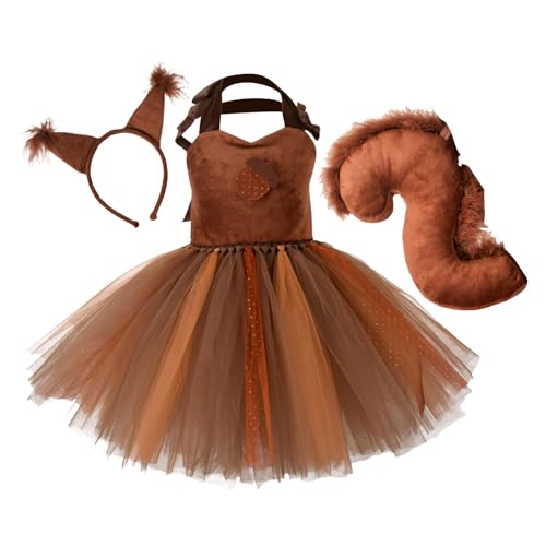 Fbinys Eichhörnchen-Anzug für Kinder,Eichhörnchen-Kostüm für Kinder - Tierkostüm - Halloween-Kostüm für Mädchen im Alter von 1–12 Jahren, Tutu-Kleid mit Ohren, Stirnband, Schwanz von Fbinys