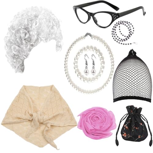 Fcnjsao Alte Dame Cosplay Kostüm Set Perücken Brille Halskette Schal Kostüm Zubehör Für Halloween Maskerade Party Requisiten von Fcnjsao