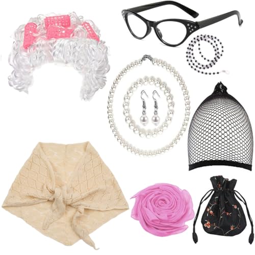 Fcnjsao Alte Dame Cosplay Kostüm Set Perücken Brille Halskette Schal Kostüm Zubehör Für Halloween Maskerade Party Requisiten von Fcnjsao