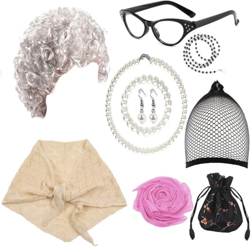 Fcnjsao Alte Dame Cosplay Kostüm Set Perücken Brille Halskette Schal Kostüm Zubehör Für Halloween Maskerade Party Requisiten von Fcnjsao