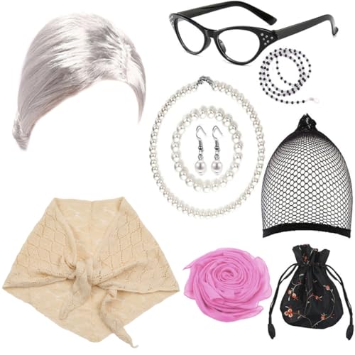 Fcnjsao Alte Dame Cosplay Kostüm Set Perücken Brille Halskette Schal Kostüm Zubehör Für Halloween Maskerade Party Requisiten von Fcnjsao