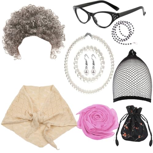 Fcnjsao Alte Dame Cosplay Kostüm Set Perücken Brille Halskette Schal Kostüm Zubehör Für Halloween Maskerade Party Requisiten von Fcnjsao