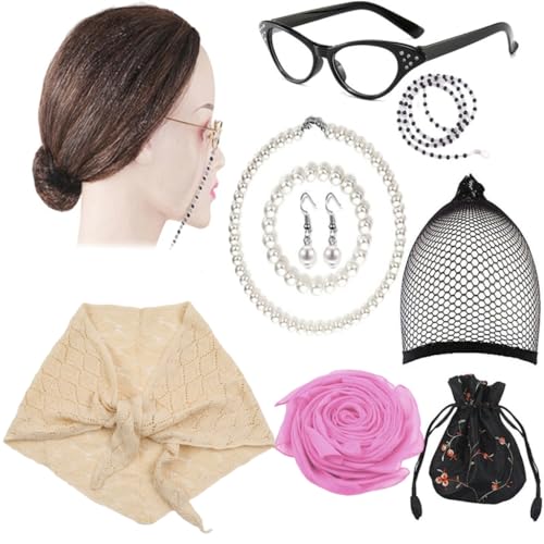 Fcnjsao Alte Dame Cosplay Kostüm Set Perücken Brille Halskette Schal Kostüm Zubehör Für Halloween Maskerade Party Requisiten von Fcnjsao