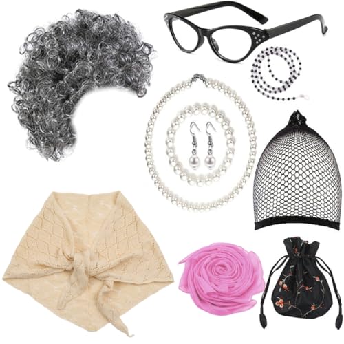 Fcnjsao Alte Dame Cosplay Kostüm Set Perücken Brille Halskette Schal Kostüm Zubehör Für Halloween Maskerade Party Requisiten von Fcnjsao