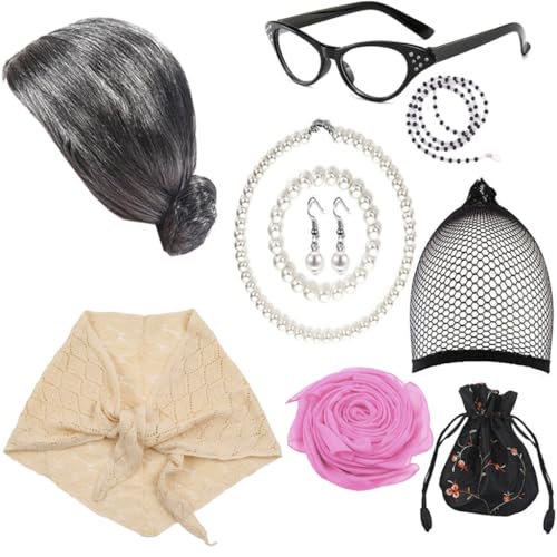 Fcnjsao Alte Dame Cosplay Kostüm Set Perücken Brille Halskette Schal Kostüm Zubehör Für Halloween Maskerade Party Requisiten von Fcnjsao