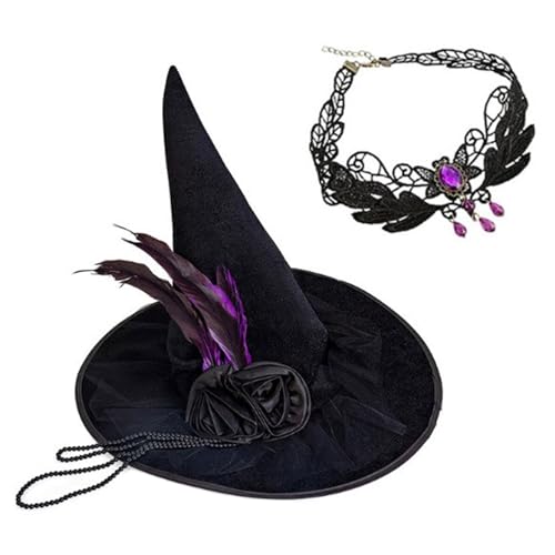 Fcnjsao Halloween Party Hexenhüte Halskette Spitze Ruffen Tüll Perlen Kette Spitzhut Cosplay Accessoire Einzigartiger Hexenhut von Fcnjsao