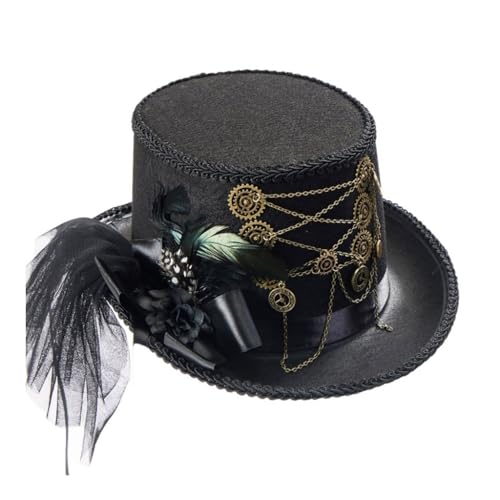 Fcnjsao Karnevals Mittelalter Steampunk Flachzylinderhut Mit Zahnradkette Feder Flachzylinderhut Für Halloween Karnevalsparty von Fcnjsao