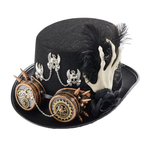 Fcnjsao Mittelalterlicher Steampunk Flachhut Für Erwachsene Mit Handskelett Halloween Brille Filzhut Karneval Rollenspiel Zaubererhut von Fcnjsao