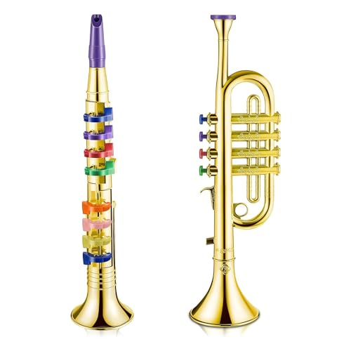 Fcuajdkq Set mit 2 Musikinstrumenten, Trompete und Saxophon, Tragbarer Klarinette mit Farbigen Tasten, Lernspielzeug, Zubehör, Teilesatz für die Schule zu Hause von Fcuajdkq