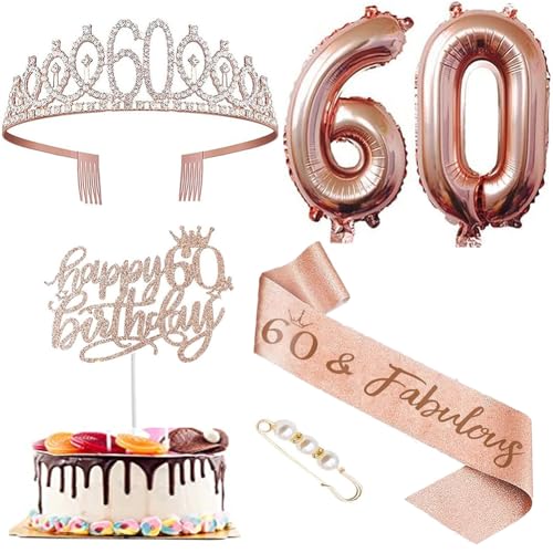 60 Geburtstag Krone Schärpe, Birthday Silber Tiara für Mädchen, Strass Haarreif Kristall Haarschmuck 60 Geburtstag Party Ballons Kuchen Toppers Geburtstagparty Deko Zubehör für Prinzessin von FeLeA