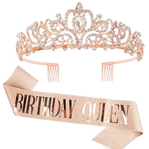 Geburtstags Krone Schärpe Set Mädchen Diademe Strass Prinzessin Krone Kristall Crown mit Birthday Girl Schärpe Birthday Queen Tiara Haarschmuck für Damen Dress Up Gastgeschenke (Roségold 1) von FeLeA