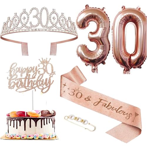 Geburtstagskrone und Geburtstag Schärpe,Sweet 30 Geburtstag Schärpe Tiara Krone,Geburtstag Kerze Cupcake Topper Konfetti Luftballons für 30. Geburtstag Geschenke Mädchen Kuchen Deko (Rose Gold) von FeLeA