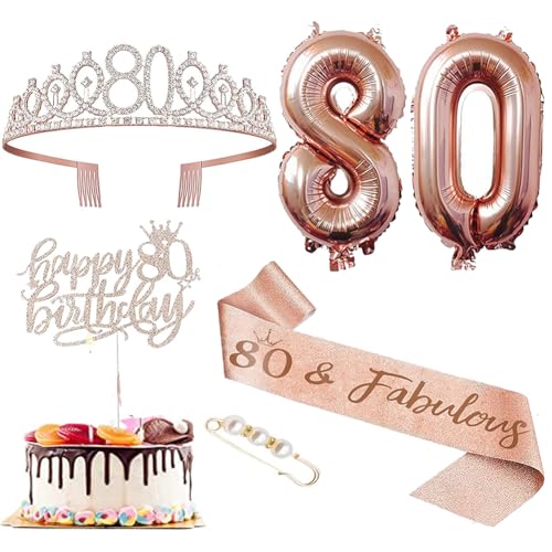 Geburtstagskrone und Geburtstag Schärpe,Sweet 80 Geburtstag Schärpe Tiara Krone,Geburtstag Kerze Cupcake Topper Konfetti Luftballons für 80. Geburtstag Geschenke Mädchen Kuchen Deko (Rose Gold) von FeLeA