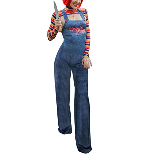 Damen 2 Stück Halloween-Kostüme Gruselige Nightmare Killer Puppe Wanna Play Film Charakter Kleid Chucky Doll Kostüm Set, Hose, 36 von FeMereina