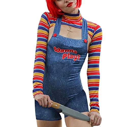 Damen 2 Stück Halloween-Kostüme Gruselige Nightmare Killer Puppe Wanna Play Film Charakter Kleid Chucky Doll Kostüm Set, Jumpsuit, 36 von FeMereina